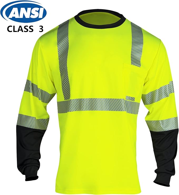 VENDACE Safety Reflective Hi Vis Long Sleeve Shirts for Men ANSI Class 3 High Visibility Construction Work T Shirts (Yellow,M)