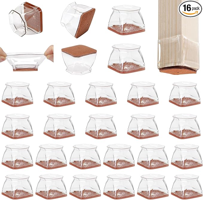 CHUNZEXI 16 Pack Square Chair Leg Floor Protectors for Hardwood Floors, Silicone Felt Covers Pads Caps, Protect Wood Furniture Feet Floors Noise Reduce and Scratch (Square X-Lager & Clear)
