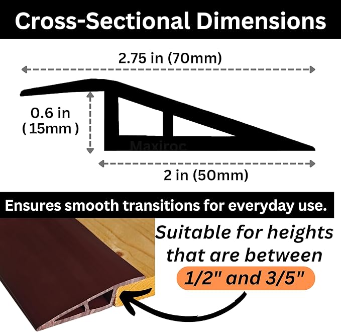 1/2" to 3/5" Height Threshold Ramp - Rubber Threshold, Floor Transition Strip, Wheelchair Ramp, Door Strip, Carpet to Tile Strip (Brunette Brown, 40 inches)