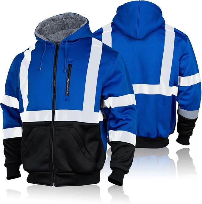 FONIRRA Men's High Visibility Safety ANSI Class 3 Lined Fleece Hoodie Sweatshirt with Black Bottom Jumper Workwear for Men(Blue,2XL)