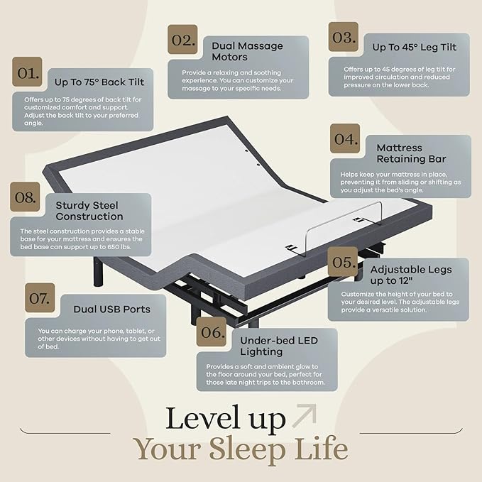 Sven & Son Classic Adjustable Bed Base, Head and Foot Lift, Massage, Under-Bed Lights, USB, Gel Memory, Zero Gravity Smart Frame - Full