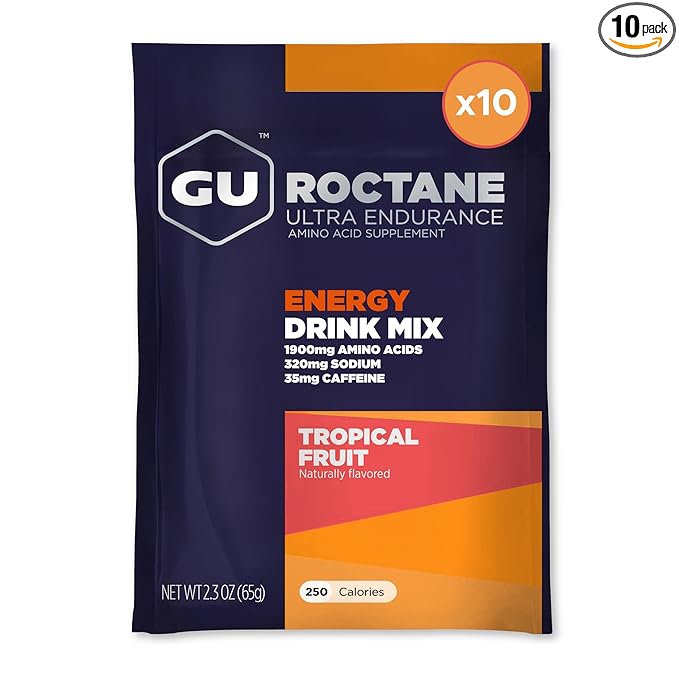 GU Energy Roctane Ultra Endurance Energy Drink Mix, Vegan, Gluten-Free, Kosher, 35mg of Caffeine, and Dairy-Free n-the-Go Energy for Any Workout, 10 Single-Serving Packets, Tropical Fruit