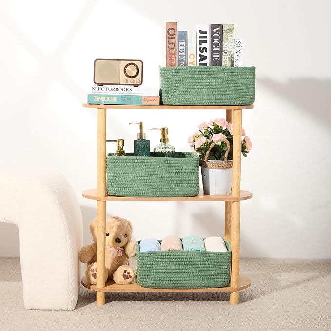 Small Storage Baskets for Organizing | Closet Organizer Bins | Shelf Toy Basket | Woven Rope Baskets | Cube Decorative Box | Shallow Basket | 13x8.5x5.1” | 3 Packs Green