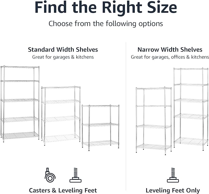 Amazon Basics 4-Shelf Adjustable Heavy Duty Steel Wire Rack Storage Shelving Organizer for Kitchen, Garage, 36" L x 14" W x 54" H, Chrome Silver