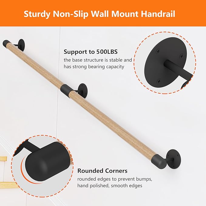 5FT Round Wooden Stair Handrail,Indoor Staircase Handrail,Wall Mount Support Stair Railings, Non-Slip Safety Corridor,Lofts,Patio,Guardrail,Home Wood Hand Railings for Elderly,Children,Disable People