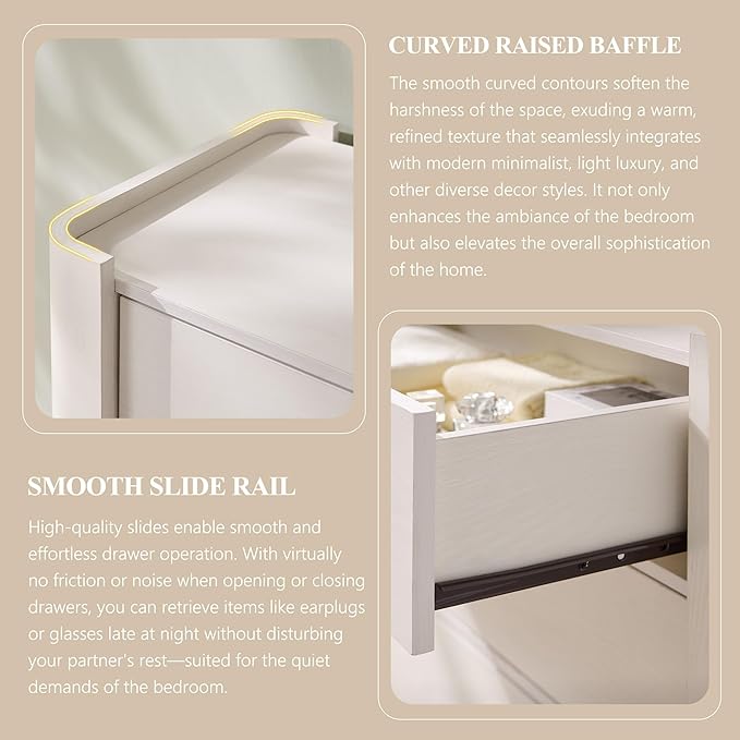 23.6" Tall Modern Nightstand Set of 2, 22" Wide Curved Bedside Table with Charging Station, Wooden Night Stand with 1 Storage Drawer, Large End Table for Bedroom, Living Room, White