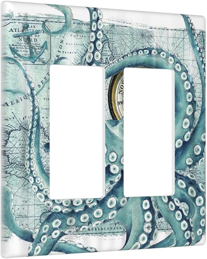 Outlet Covers Vintage Nautical Octopus Eyes Funny Ocean Kraken Double Rocker/Decora Light Switch Covers Decorative 2 Gang Wall Plate Compass Pirate Map Gfci Electrical Switchplate for Bathroom