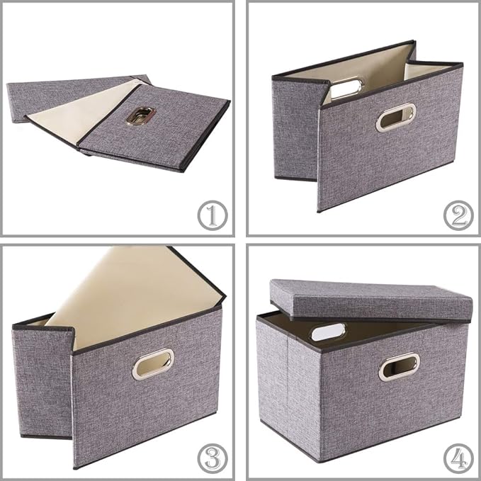 PRANDOM Collapsible Storage Containers with Lids [5-Pack] Linen Fabric Foldable Storage Bins Boxes Organizer Baskets Cube with Cover for Home Bedroom Closet Office Nursery (14.9x9.8x9.8)