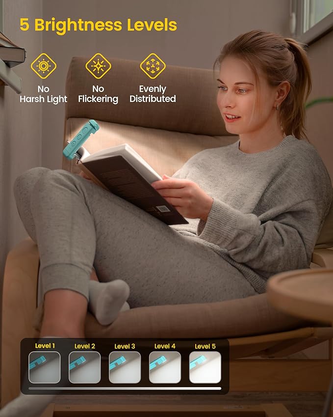 Glocusent USB Rechargeable Book Light, Portable Clip-on LED Reading Light, Reading Lights for Books in Bed with 3 Amber Colors & 5 Brightness Dimmable, Compact & Long Lasting, Perfect for Book Lovers