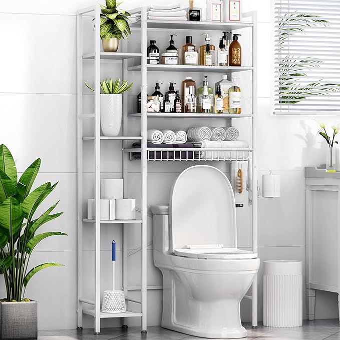 8-Tier Over The Toilet Storage with Side Rack, Over Toilet Storage Rack with Adjustable Shelf & Drain Basket, Freestanding Bathroom Organizer for Balcony, Laundry (Pure White)