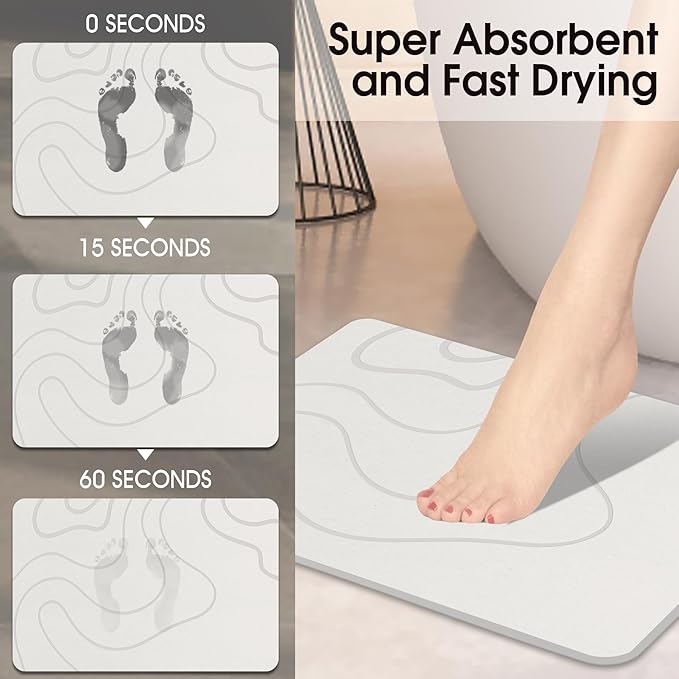 Stone Bath Mat Diatomaceous Earth Shower Mat Non-Slip Super Absorbent Diatomite Stone Mats for Bathroom Floor/Ktichen Cuonter Quick-Drying Easy to Clean (24''*16''White)