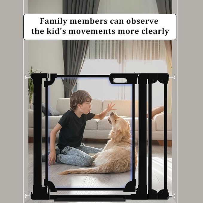 WAOWAO Clear Baby Gate for Stairs Modern Design Acrylic Auto Close Pet Gate, 29.52-37.79" Wide Safety Baby Gate for Doorways,Black Clear Dog Gates Indoor,Hallways,Kitchen