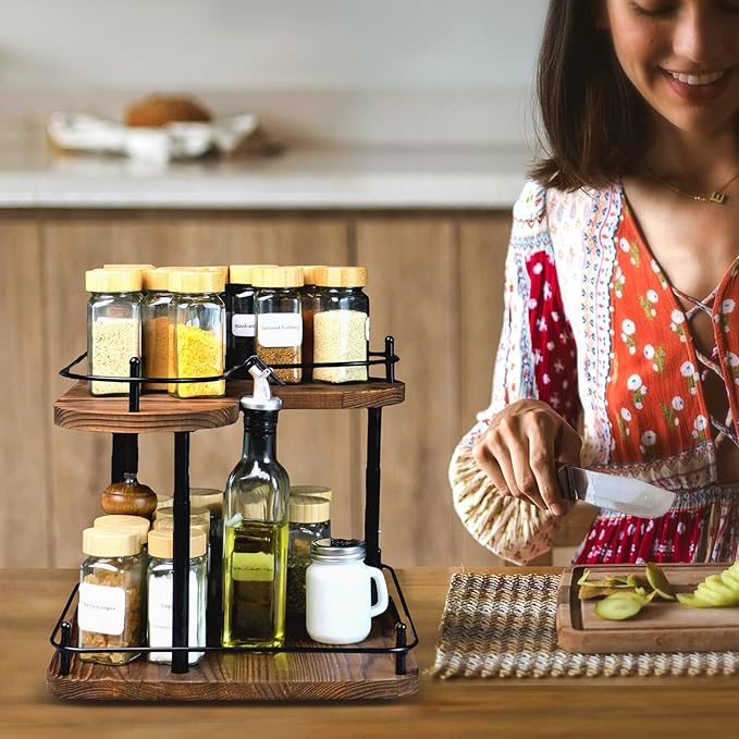 Wooden Spice Rack Organizer Lazy Susans Rotating Countertop 2 Tiered Display Shelf Kitchen Adjustable Height Spinning Spice Rack 11.8INCH Large Capacity Pine Wooden Spice gift set
