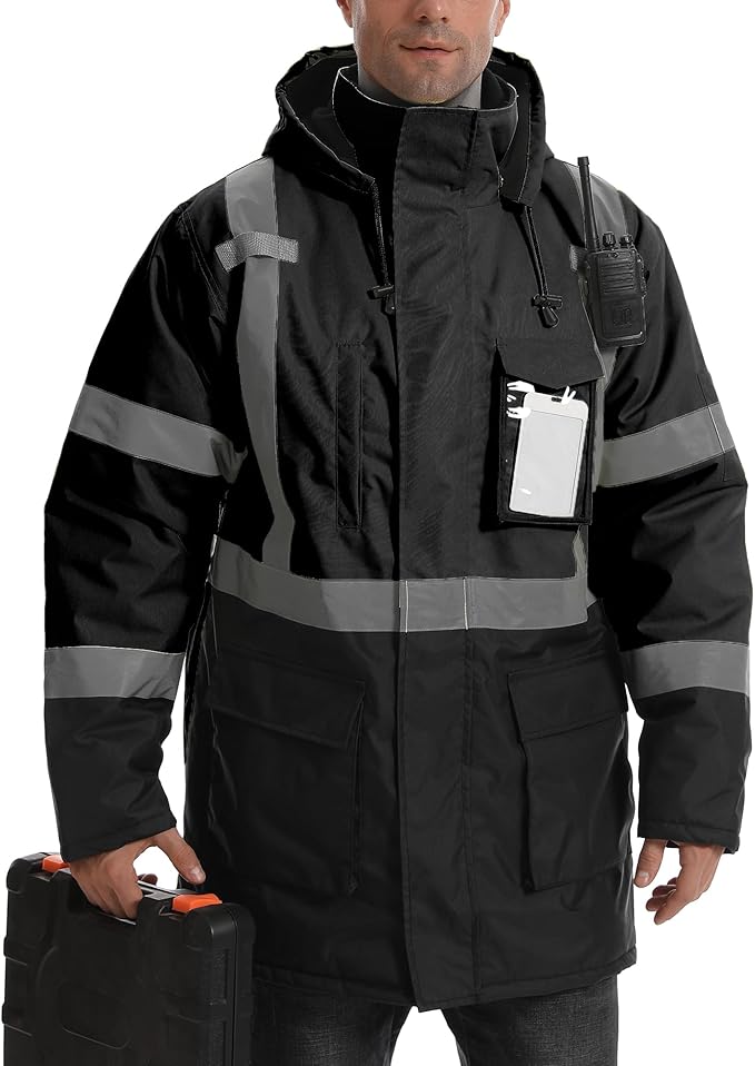 Reflective Jacket, High Visibility Parka, Waterproof Hi Vis, Safety Jacket with Removable Hood and Zipper, ANSI Class 3 (Black,XL)