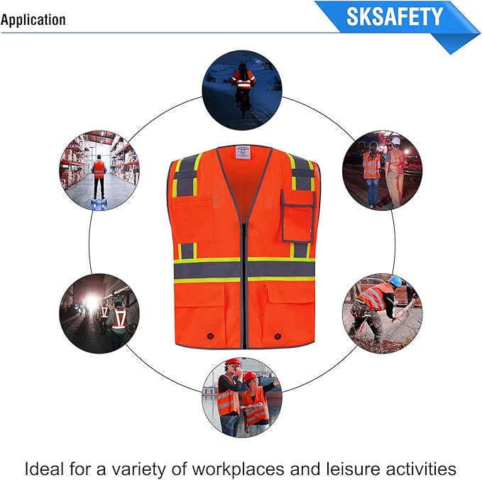 SKSAFETY 10 Pockets Safety Vest, Class 2 High Visibility Security with Zipper Double-sided mesh, Hi Vis Vest with Reflective Strips, ANSI/ISEA Standard, Construction Work Vest （Orange, XL）