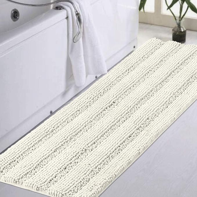 Turquoize Chenille Bath Rug - Non Slip, Absorbent, Thick Shaggy Mat for Bathroom, 47x17 inches, Cream