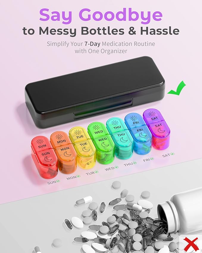 Pill Organizer, 𝐏𝐢𝐥𝐥 𝐁𝐨𝐱 𝟕 𝐃𝐚𝐲, AM & PM Medicine Organizer 7 Days, Weekly Pill Organinzer 2 Times a Day, Pill Case for Travel, Vitamins, Fish Oils, Supplements