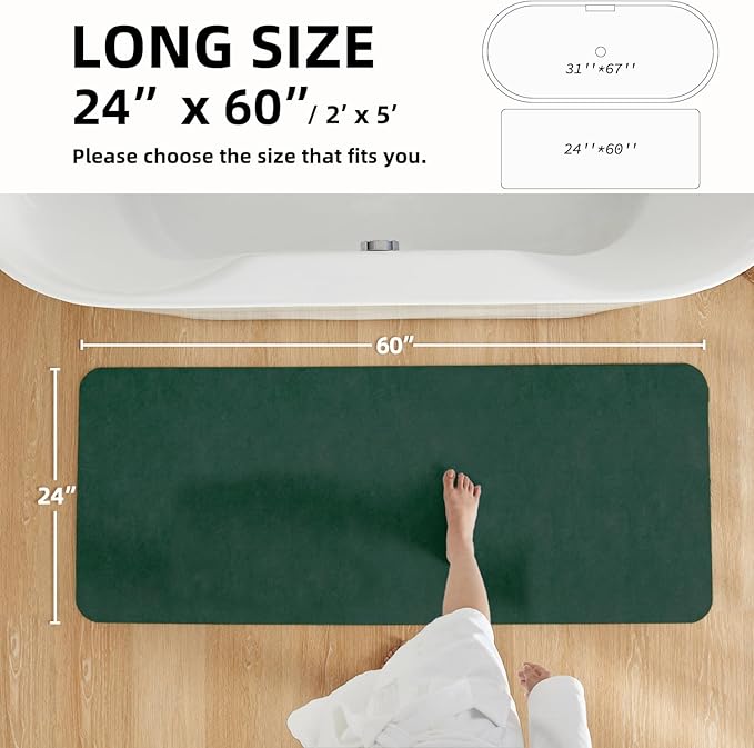 Bathroom Mat Quick Dry, Bathroom Rugs Non Slip Washable Thin Absorbent Bath Mat Fits Under Door Bathroom Floor Mat Perfect for Bath, Shower, or Sink 24"x60" Dark Green