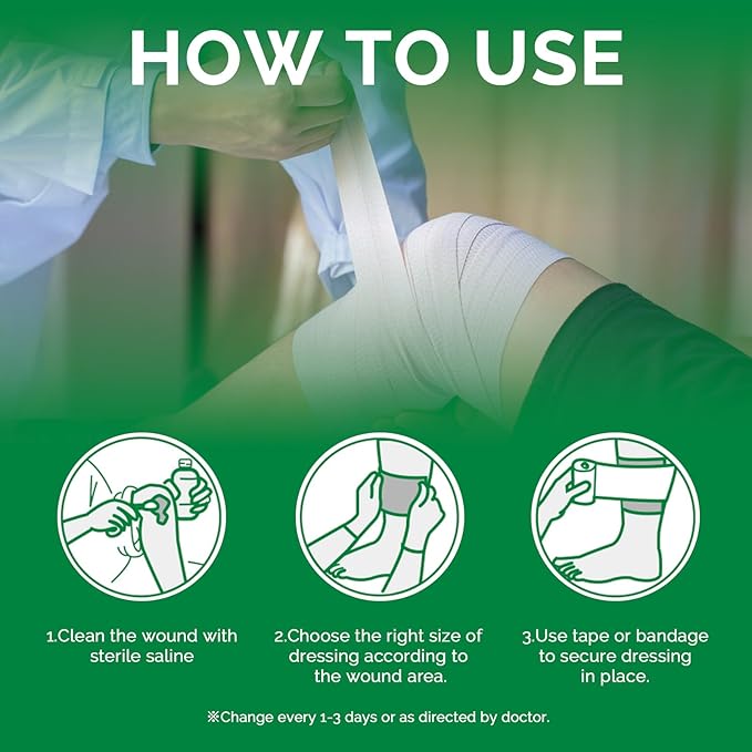 Super Absorbent Dressing for Wound Care 4" x 8" Individual Sterile Pack of 10 Nonstick Soft Surgical Gauze Pad Waterproof Wound Dressing Bandage for Heavily Exuding Wound Care