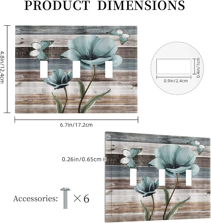 Rustic Vintage Teal Floral Barn Wood 3 Gang Light Switch Covers Decorative Triple Toggle Wall Plate Cover Turquoise Flower Butterfly 3 Hole Electrical Device Switchplate for Farmhouse Bathroom