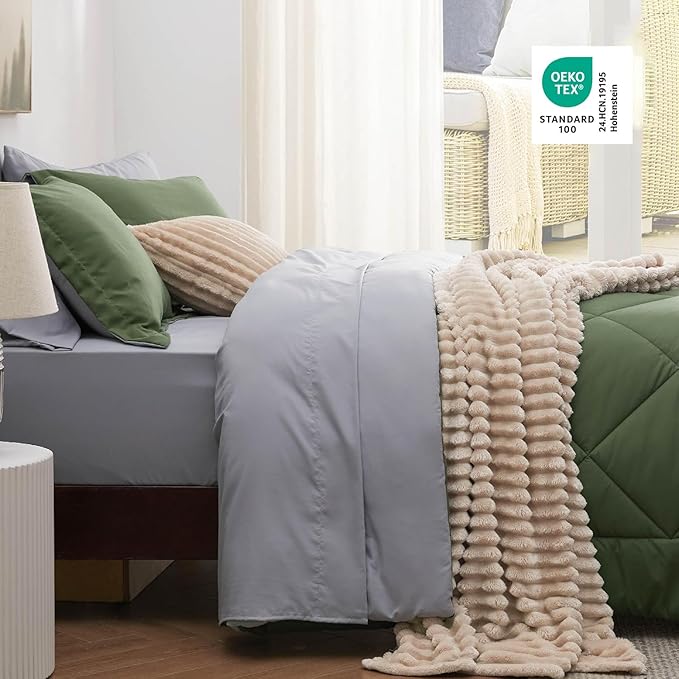 Bedsure King Size Comforter Set - 7 Pieces Reversible Olive Green Bedding, King Size Bed Set for All Seasons, Bed in a Bag with Down Alternative Comforter, Sheets, Pillowcases & Shams