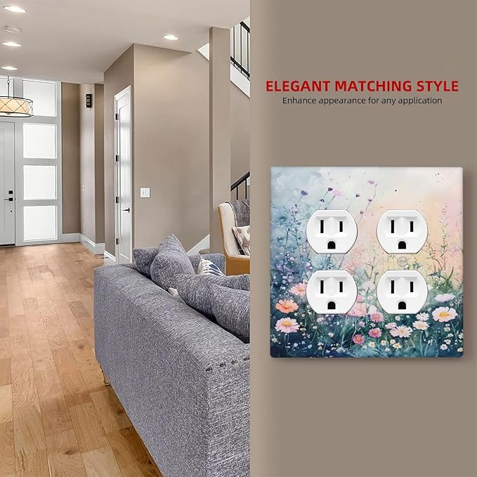 Decorative Switch Plate Covers Pink Floral Wildflower Green Plants 2 Gang Outlet Covers Double Duplex Light Switch Cover Plate Gfci Wall Plate for Bathroom Decor