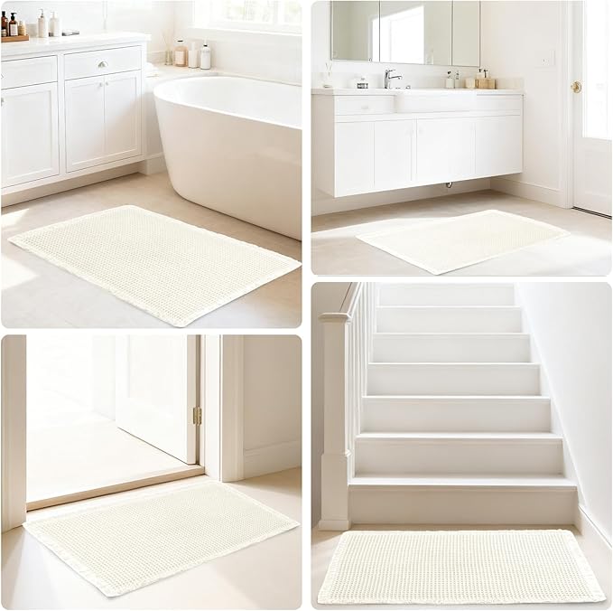 Hiasan Waffle Bath Mat, Super Absorbent Non Slip Bathroom Boho Rug with Tassels, Machine Washable Bath Mats for Bathroom, Ultra Soft Rubber Backed Rug, White, 24 x 60 Inches
