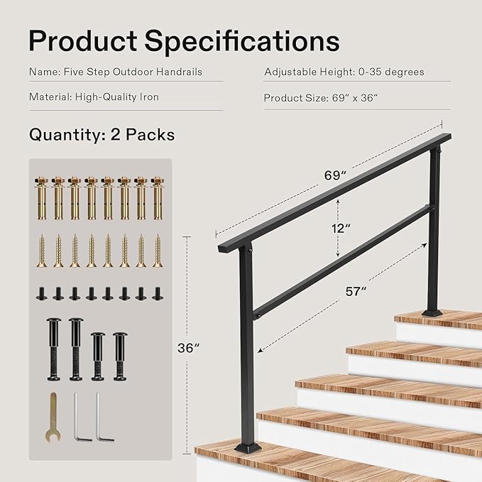 VIVOSUN 2-Pack Outdoor Handrail, 5 Step Stair Handrail, 69" x 36" Fits 1 to 5 Steps, Wrought Mattle Iron Handrail for Concrete Steps, Porch Steps, One-Step Assembly, 2 Packs, Black