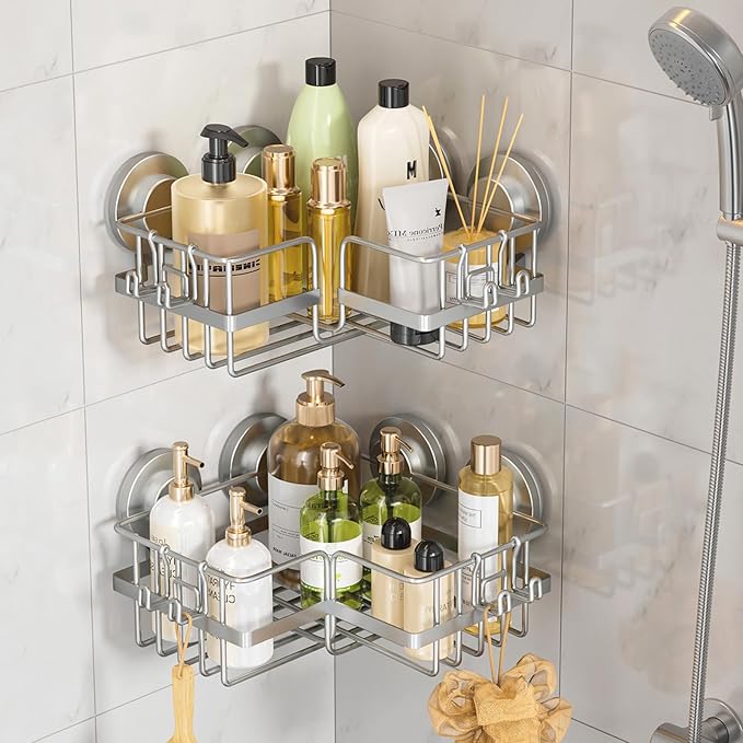 TAILI Corner-adaptive Suction Cup Shower Caddy 2 Pack, Stainless Steel Rustproof Corner Shower Shelves, Drill-Free Wall Mounted Baskets, Large Capacity, Removable Suction Cup Bathroom Organizer, Gray