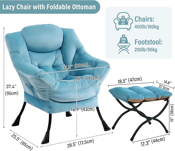 Lazy Chair with Ottoman, Modern Chair with Folding Footrest, Lounge Accent Chair, Comfortable Reading Chair (Velvet Light Blue
