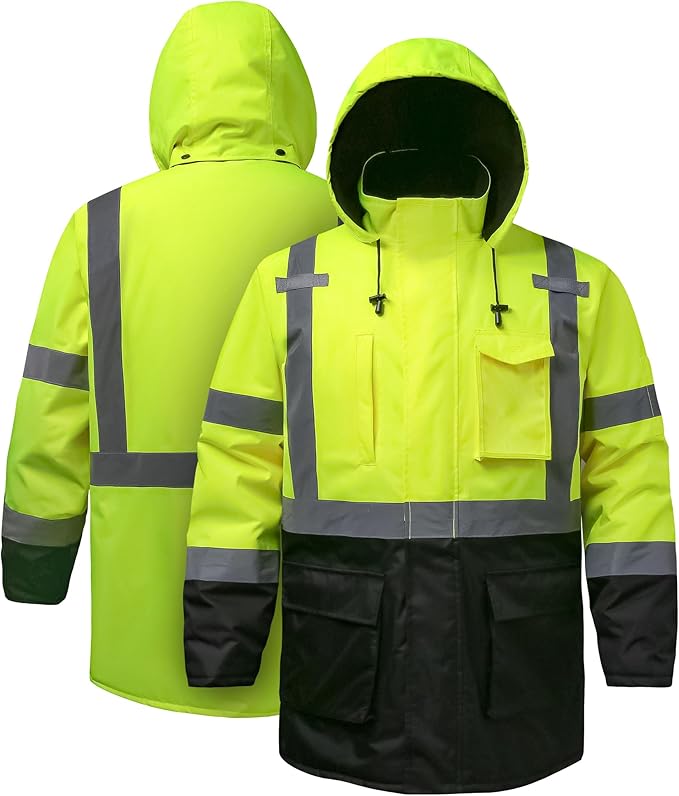 Reflective Jacket - High Visibility Waterproof Parka with Removable Hood and Zipper, Conforms ANSI Class 3 (Lime,5XL)
