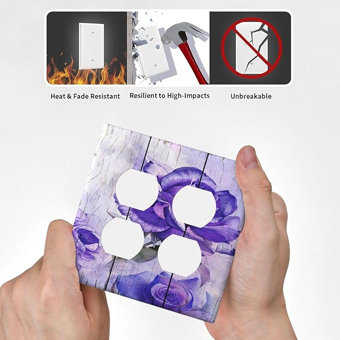 Decorative Light Switch Cover Plate Purple Flower Modern Floral 2 Gang Socket Covers Double Duplex Wallplates Switch Plates and Outlet Covers for Bedroom Kitchen Decor