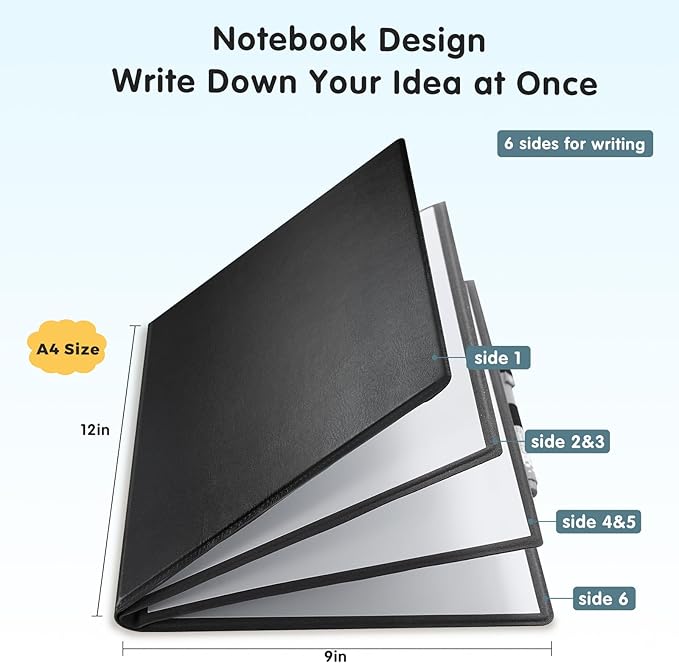 CoBak 6 Sides Portable White Board 12x9 inch (A4) - Notebook Design Dry Erase Small Board with Pocket, Anti-Ghosting Surface for Office, School, Homeschool with Gift Box (Black Pocket Upgrade)