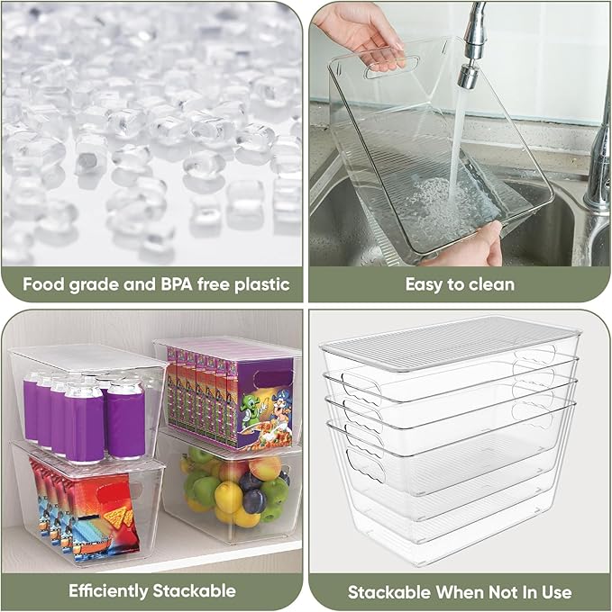 BALEINE Clear Stackable Storage Bins with Lids, Plastic Containers with Handle for Pantry Organizers and Storage, Plastic Bins for Fridge, Kitchen, Bathroom, Cabinet (13x7.4x7, 8PK)