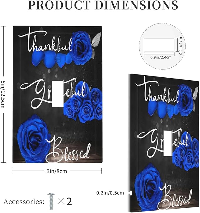 Light Switch Cover Blue Rose Thankful Grateful Blessed 1 Gang Wall Plate Cover Romantic Blue Floral Single Toggle Outlet Covers Decorative Switchplate Electrical Faceplate for Home Decor