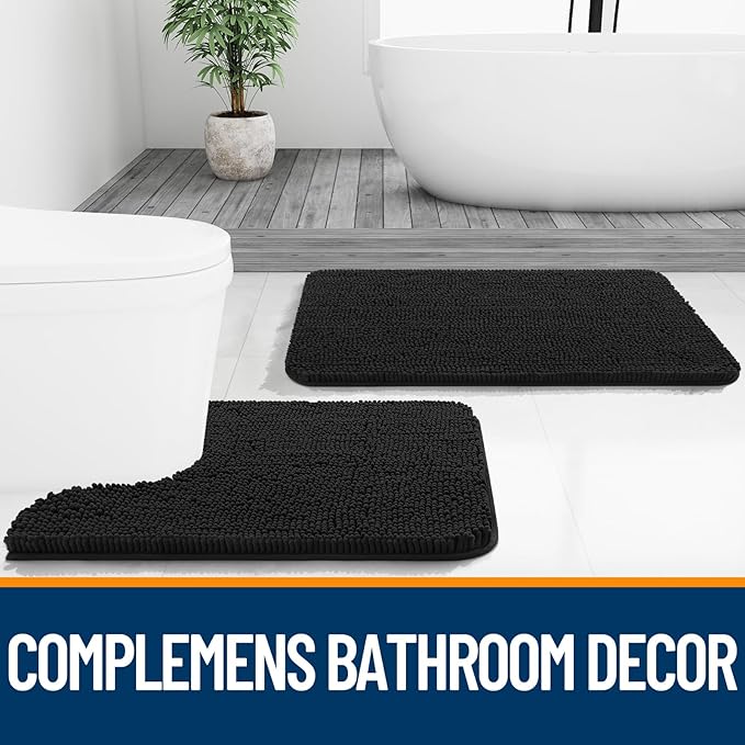 OLANLY Bathroom Rugs Sets 2 Piece, Soft Absorbent Chenille Bath Mats and U-Shaped Contour Toilet Mat Area Rug Set, Machine Washable Bath Carpet, Home Decor Accessories(24"x16"+24"x20", Black)