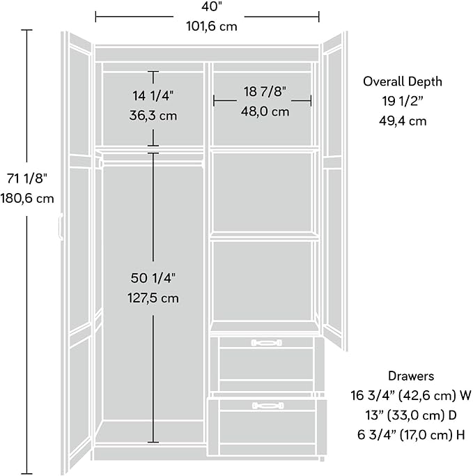 Sauder Select Multipurpose Bedroom Armoire Wardrobe Closet Pantry Storage Cabinet with Storage Drawers and Hanging Rail, in Cinnamon Cherry