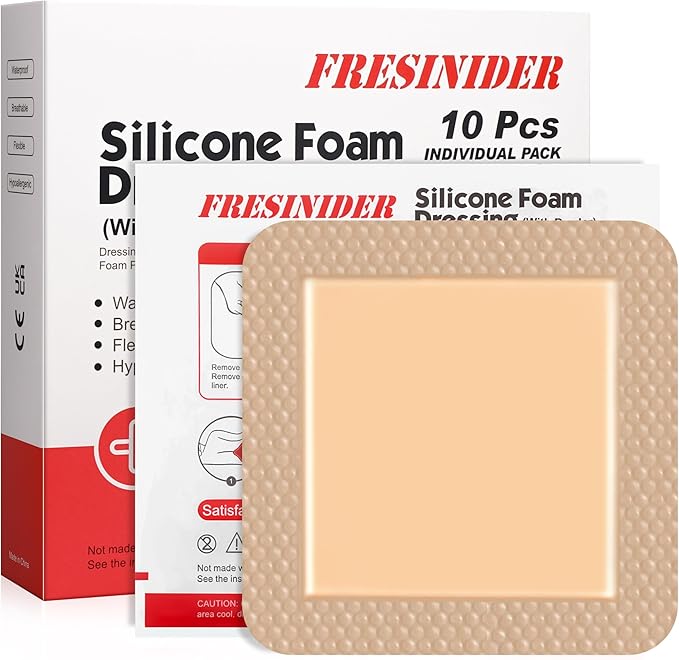 FRESINIDER Large Sacrum Silicone Foam Dressing 6" x 6", 10 Pack – Super Absorbent Silicone Border Dressing for Bed Sores, Sacral Pressure Ulcers & Post-Surgery Care – Waterproof, Breathable & Gentle