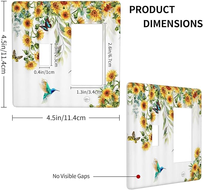 Yellow Sunflower Blue Hummingbird Butterfly 2 Gang Light Switch Cover Decorative Rustic Farmhouse Floral Plant Combination Toggle Rocker/Decora Wall Plate Electrical Switchplate for Bathroom