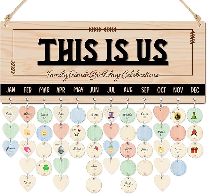 CHDITB Wooden 3D This is Us Birthday Calendar Wall Hanging(16"x6"), Rustic Family Friends Birthday Celebrations Reminder Tracker with Tags, Custom DIY Mother Gifts for Grandma