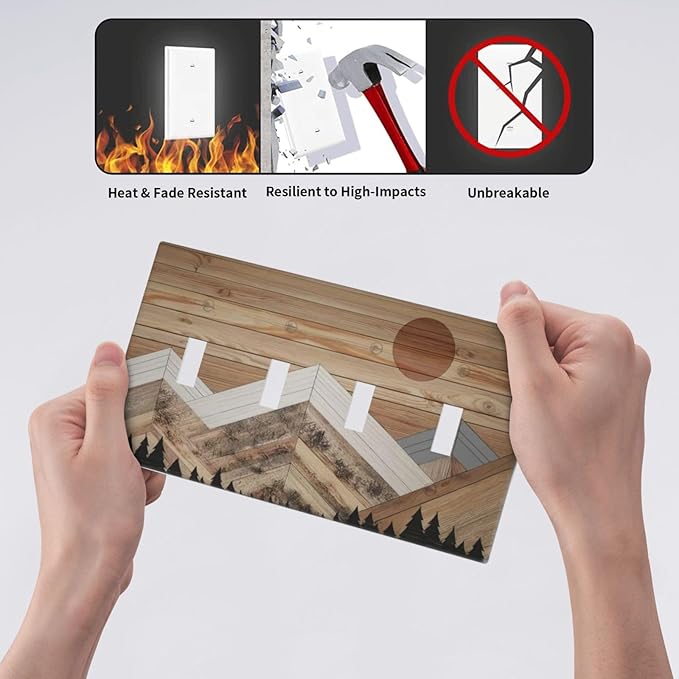 Wooden Planks Mosaic Snow Mountain Sun Light Switch Covers Quad Toggle Electrical Faceplate 4 Gang Wall Plate Decorative Switch Plates for Farmhouse Home Decor