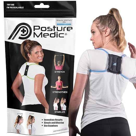 PRIMEKINETIX PostureMedic Dynamic Posture Corrector - Active Resistance Training System for Upper Back Strengthening & Shoulder Alignment - Stretches Chest, Strengthens Back - Doctor Recommended - Size XS (Light Blue)