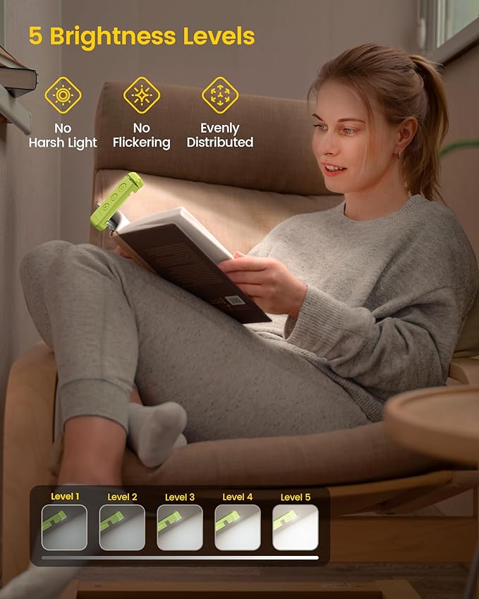Glocusent USB Rechargeable Book Light, Portable Clip-on LED Reading Light, Reading Lights for Books in Bed with 3 Amber Colors & 5 Brightness Dimmable, Compact & Long Lasting, Perfect for Book Lovers