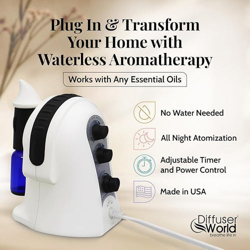1000 Sq Ft Waterless Diffuser for Essential Oils, Made in USA Black Waterless Aroma Atomizer for Home Large Room Fragrance, Home Scent Machine, Air Aromatherapy with Adjustable Timer