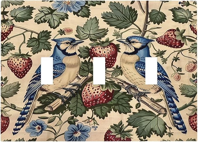 Decorative Switch Plates Vintage Floral Bird Strawberry Thief William Morris 3 Gang Wall Plate Triple Toggle Light Switch Cover Faceplate Electrical Wall Panels for Bedroom Home Decor
