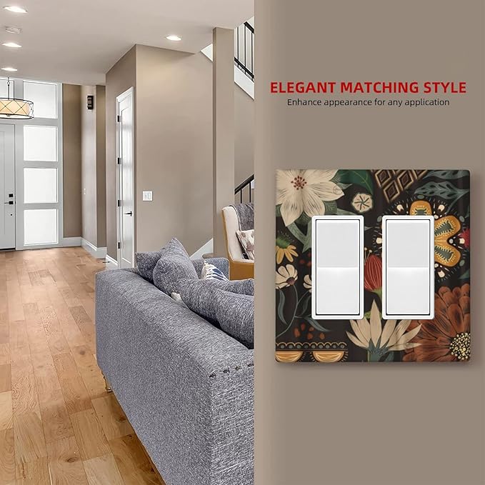 Boho Floral Tropical Leaves Double Rocker/Decora Outlet Covers Bohemian Flowers Botanical 2 Gang Artistic Light Switch Cover Decorative Gfci Wall Plate Electrical Switchplate for Bedroom Decor