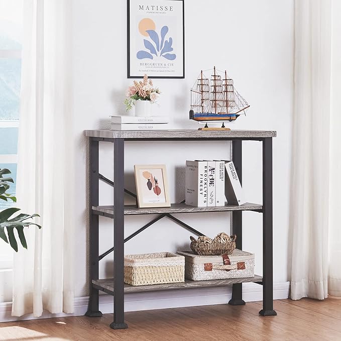 HOMBAZAAR 3 Tier Bookshelf,Grey Industrial Book Shelf,Engineered Wood and Metal Deep Bookshelves,Low Shelf Bookcase for Living Room,Office,Bedroom and Kitchen