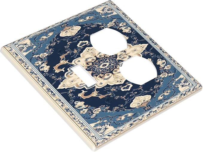 Decorative Outlet Covers Boho Beige Navy Blue Medallion 2 Gang Duplex Light Switch Cover Plate Gfci Wall Plate Plug Switch Plate Covers for Country Bathroom Bedroom Decor
