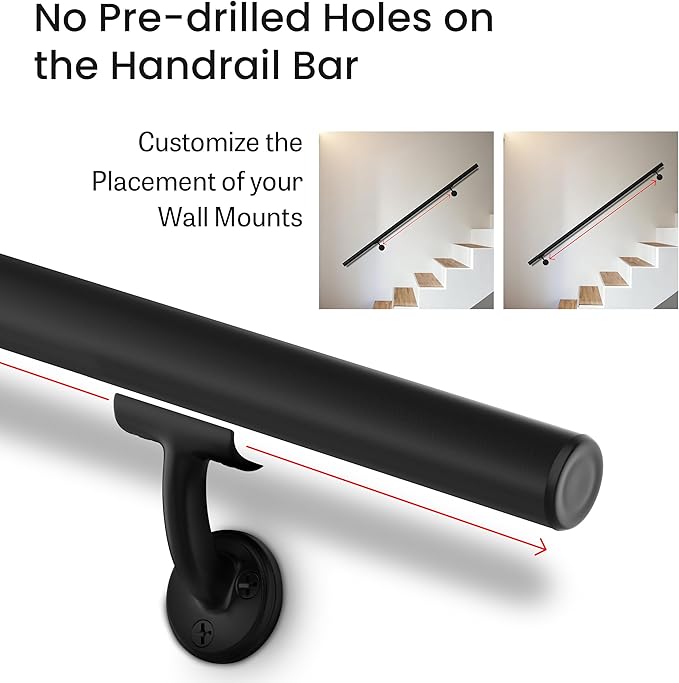 Meranti Aluminum Handrail for Indoor or Outdoor Steps and Stairs – Hand Rails for Elderly – DIY Complete Stair Railing Kit (AHR, Black, 8' Length)