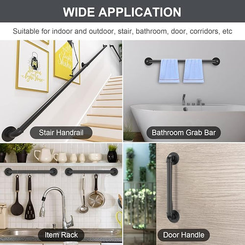 10FT Industrial Stair Railing Wall Mount Staircase Handrail φ1.3 Pipe Hand Rail for Steps Grab Bar Foot Rail Vintage Pipe Railing Black Deck Handrail for Outdoor Indoor Stairs Porch